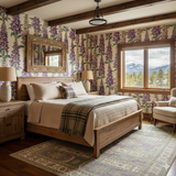 Floral foxfire choir wallpaper with purple and green tones, patterned with hanging flowers.