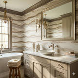 Wave-patterned Stoneveil Strata Wallpaper with brown and beige hues, adding texture to the bathroom walls.
