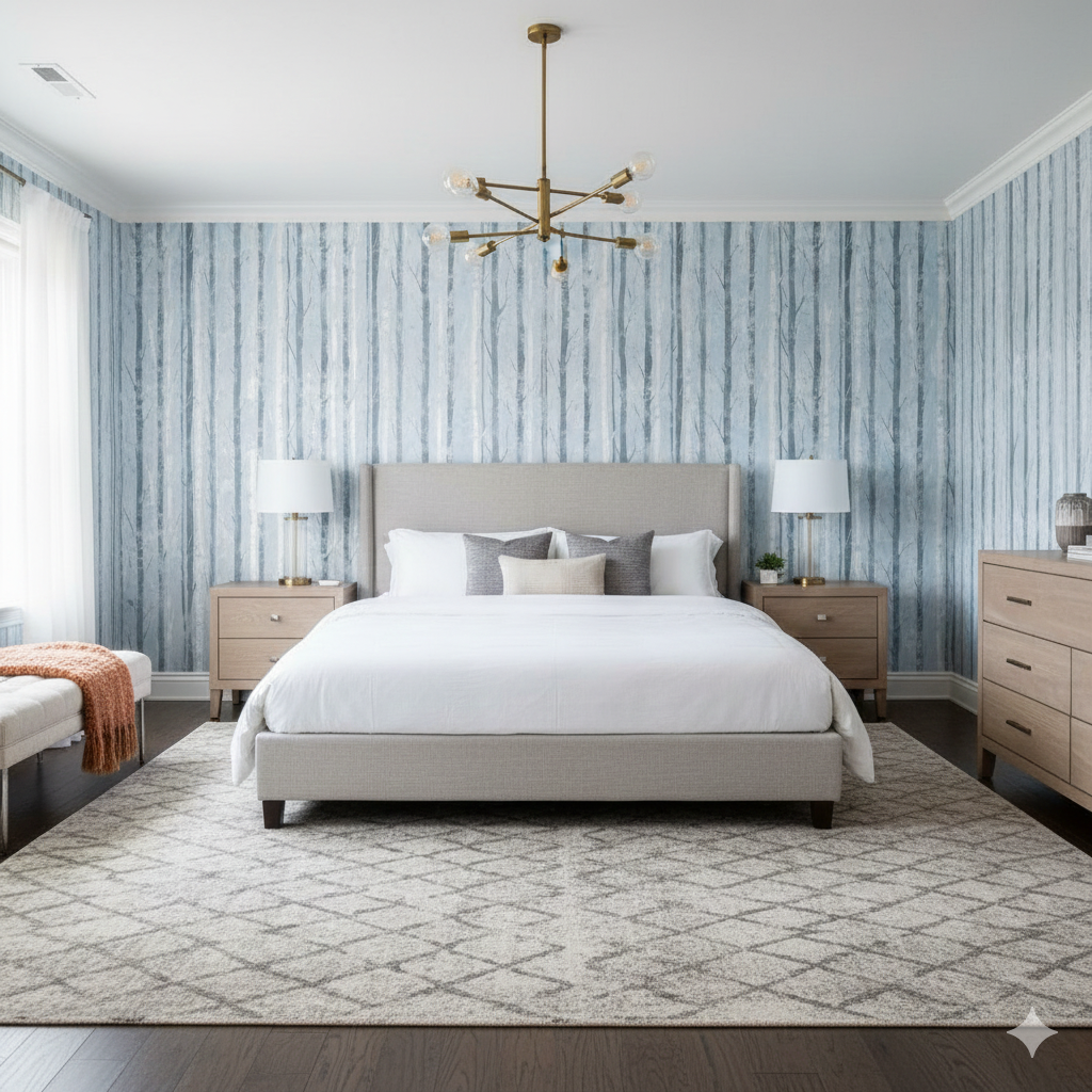 Blue and white Frosted Grove Wallpaper with a birch tree pattern on the bedroom wall.