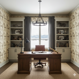 Studbook wallpaper with a horse pattern, alongside wooden bookshelves and desk, under a chandelier.