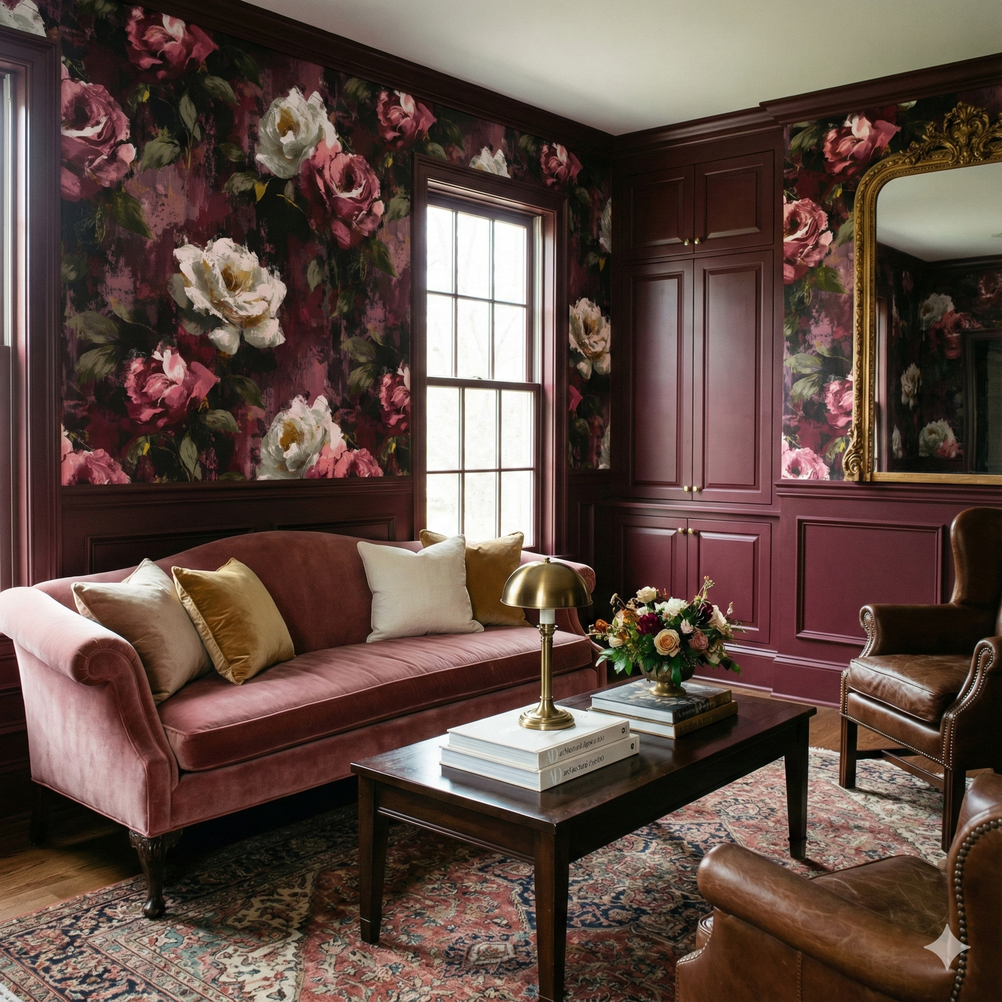 Floral Rosava Marquette Wallpaper with roses and peonies, against a dark background, styled in a classic living room.