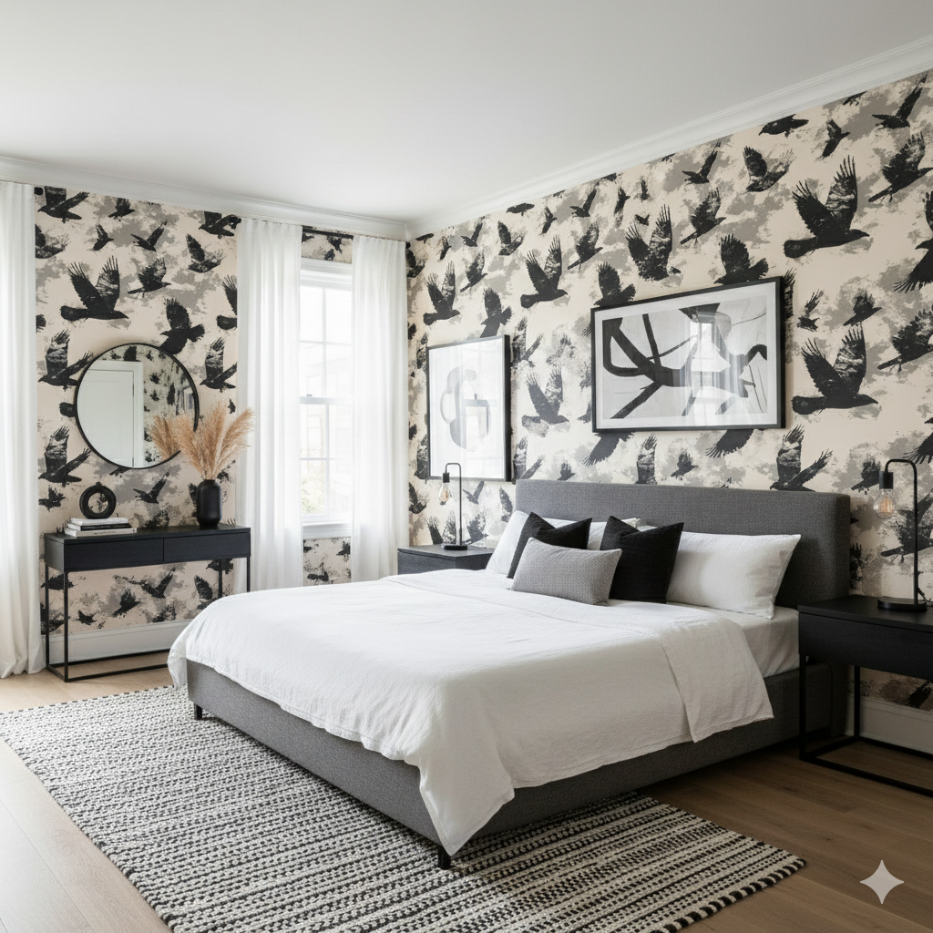 Blackwing Hollow wallpaper featuring black birds against a beige background.
