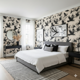 Blackwing Hollow wallpaper featuring black birds against a beige background.
