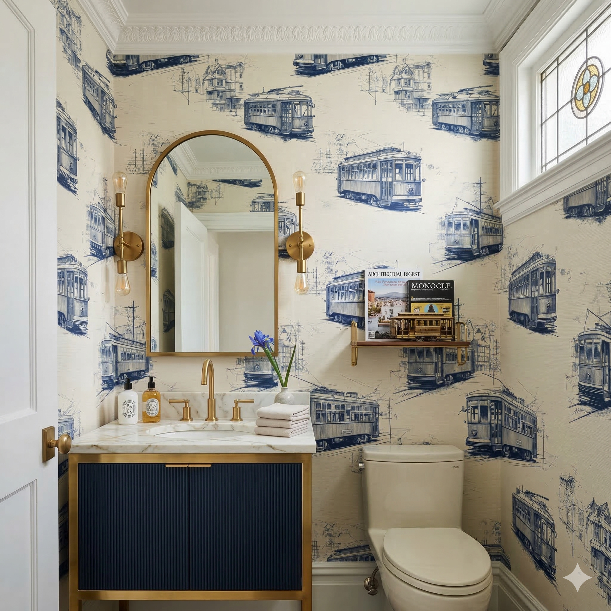 Trolley Vale Wallpaper with blue trolley pattern over cream background.