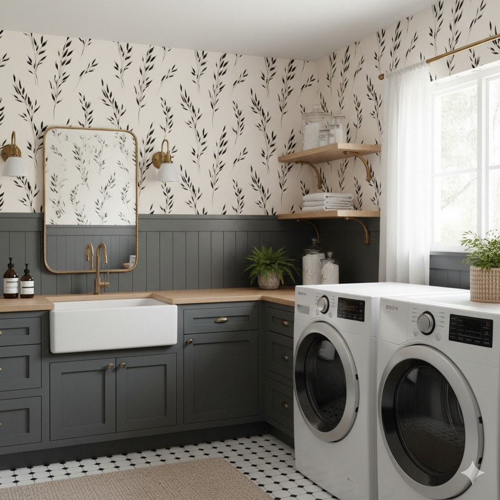 Leafy Inkspire Wallpaper with a black and white botanical pattern on a light background.