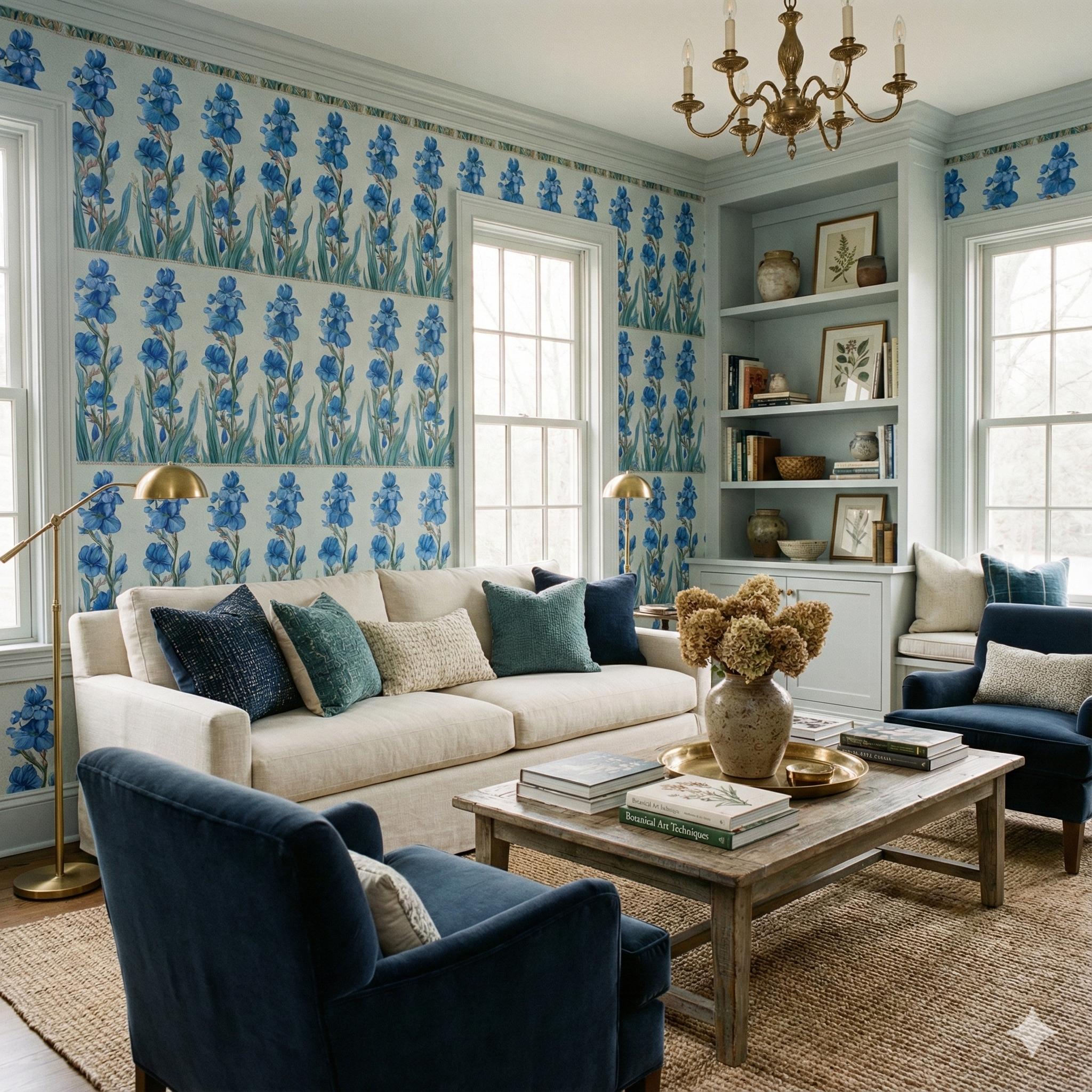 Iris Promenade wallpaper with blue floral design on a light blue background.