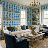 Iris Promenade wallpaper with blue floral design on a light blue background.