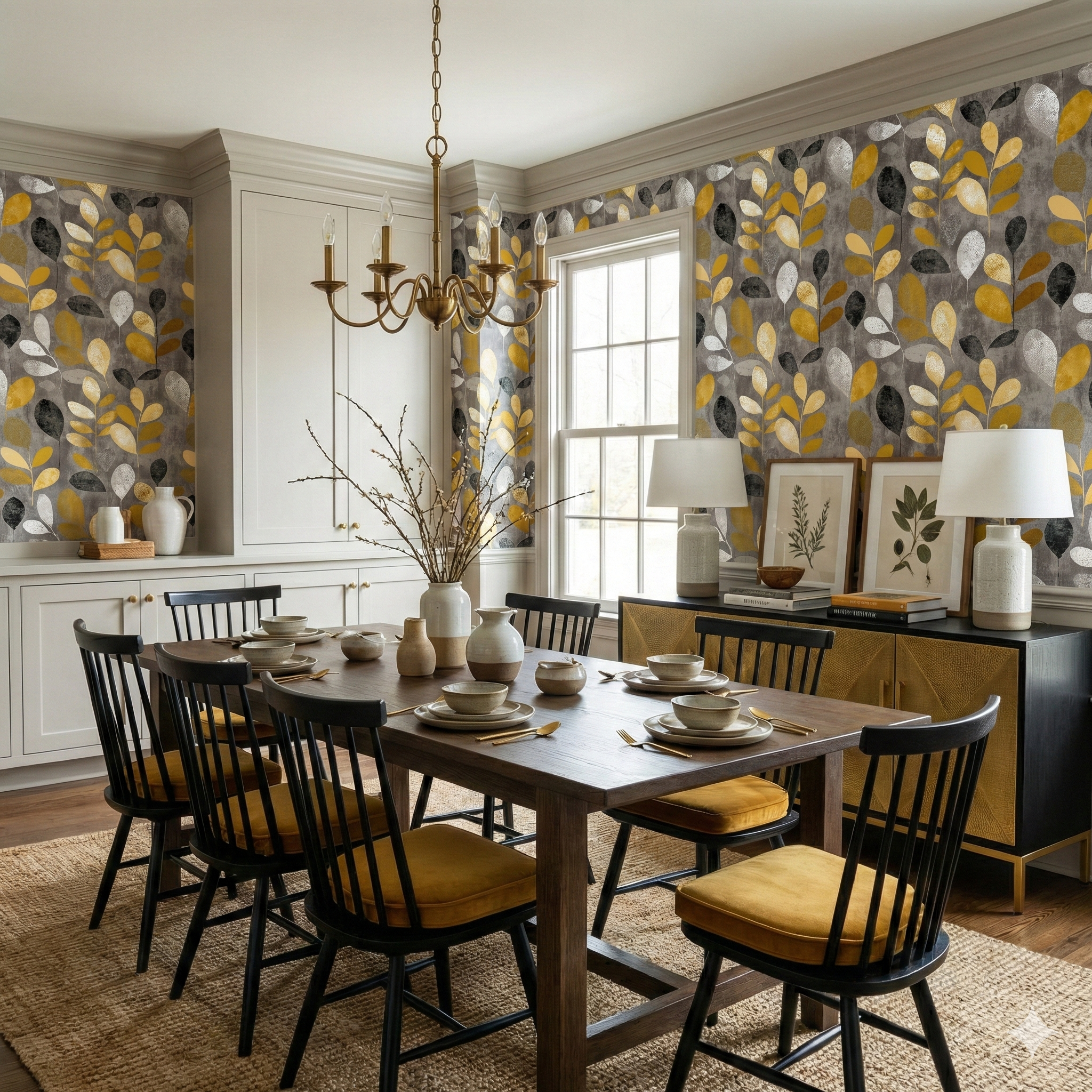 Amberleaf Study Wallpaper with gray and yellow leaf pattern on textured background.