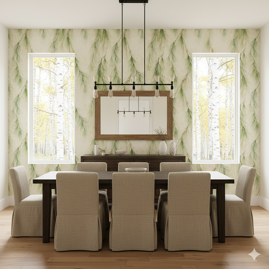 Whispering Pines wallpaper with branches pattern, on the walls of a dining room.