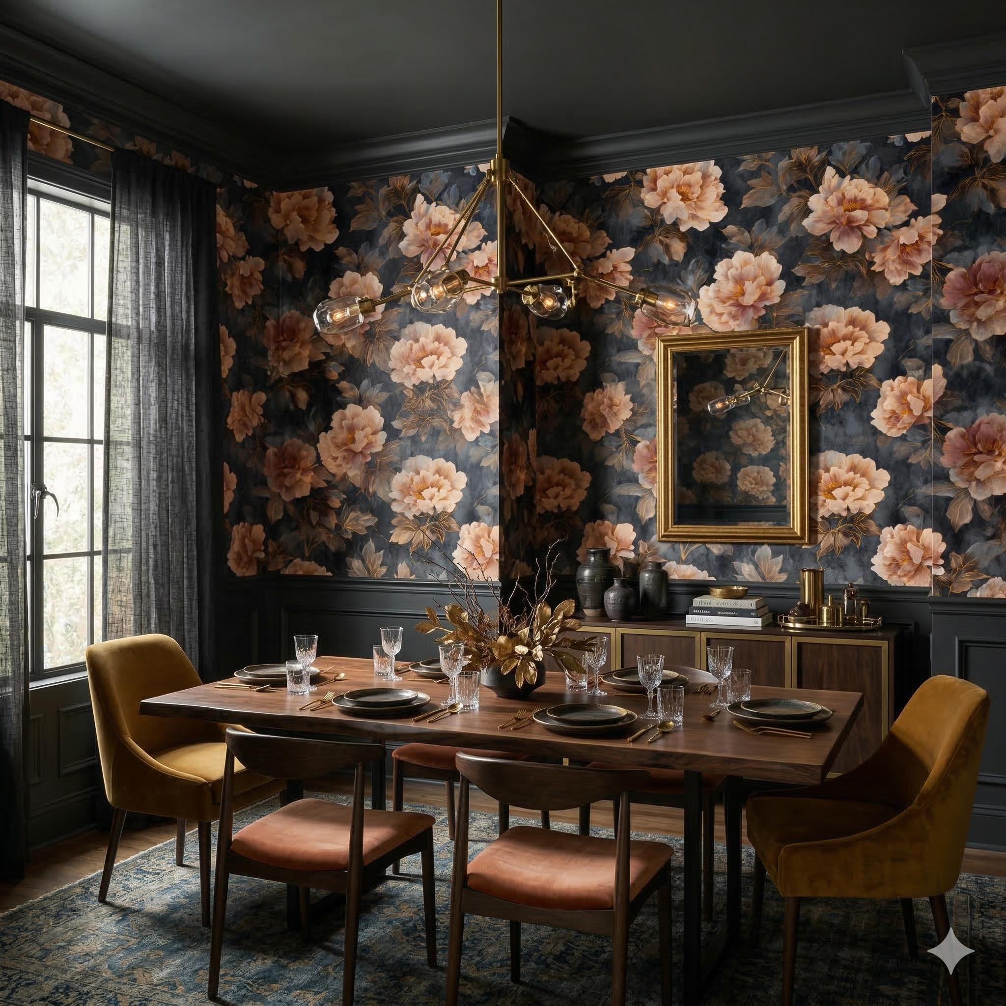 Floral Velours Étoilé Wallpaper with flowers and leaves pattern on a dark background.