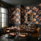 Floral Velours Étoilé Wallpaper with flowers and leaves pattern on a dark background.