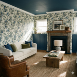 Botanical print wallpaper by Bluewake, featuring a juniper branch pattern against an off-white background.