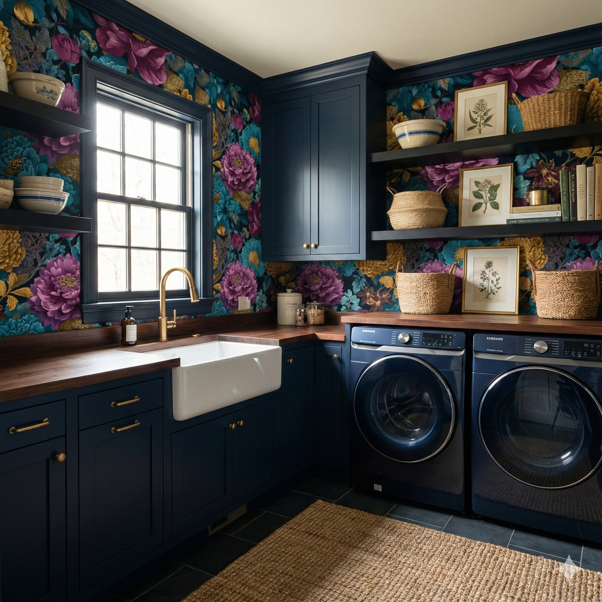 Floral wallpaper with colorful peonies, teal leaves and navy background, Marlowe’s Conservatory Wallpaper.