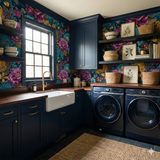Floral wallpaper with colorful peonies, teal leaves and navy background, Marlowe’s Conservatory Wallpaper.