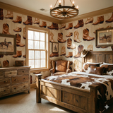 Cowboy boot print wallpaper featuring brown leather boots and western style details.