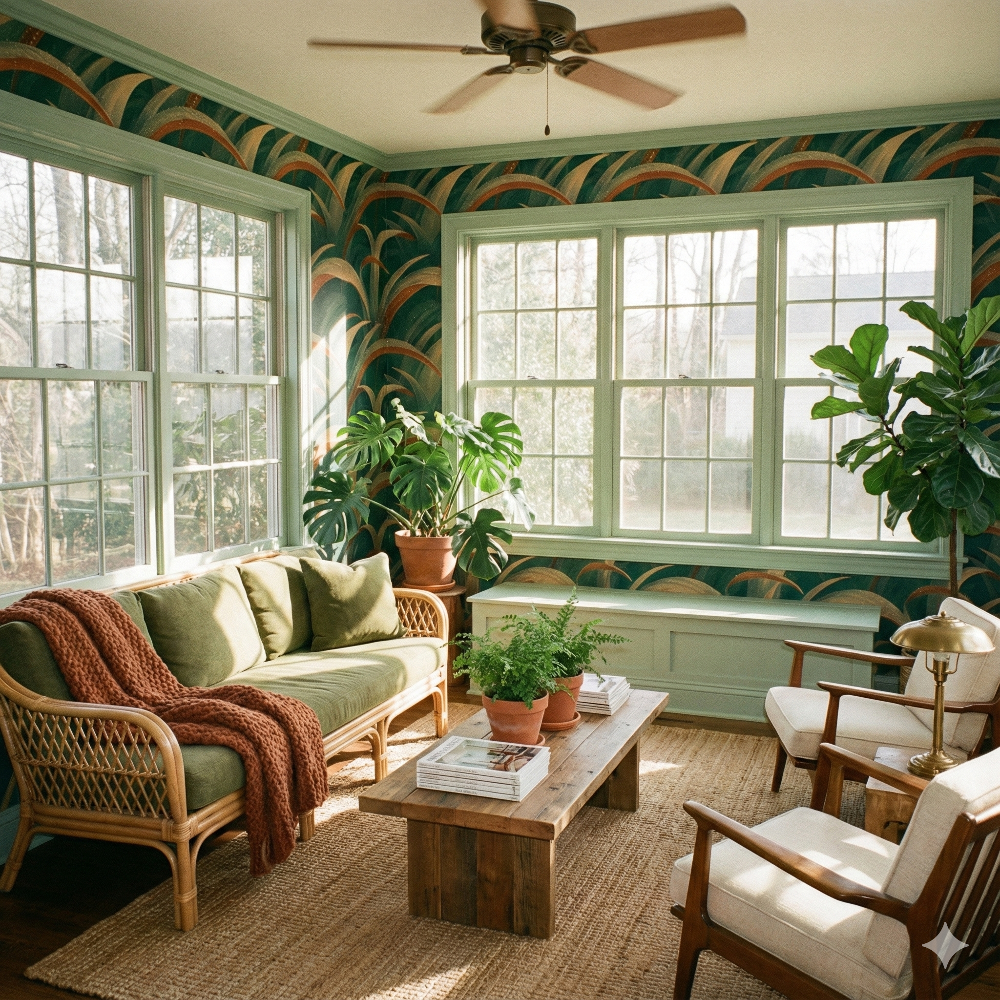 Patterned wallpaper by Glenhaven with green, brown and tan leafy designs covering the walls of a sunroom.
