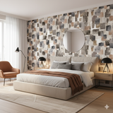 Abstract patterned wallpaper with mosaic design in neutral tones, featuring squares and animal prints.
