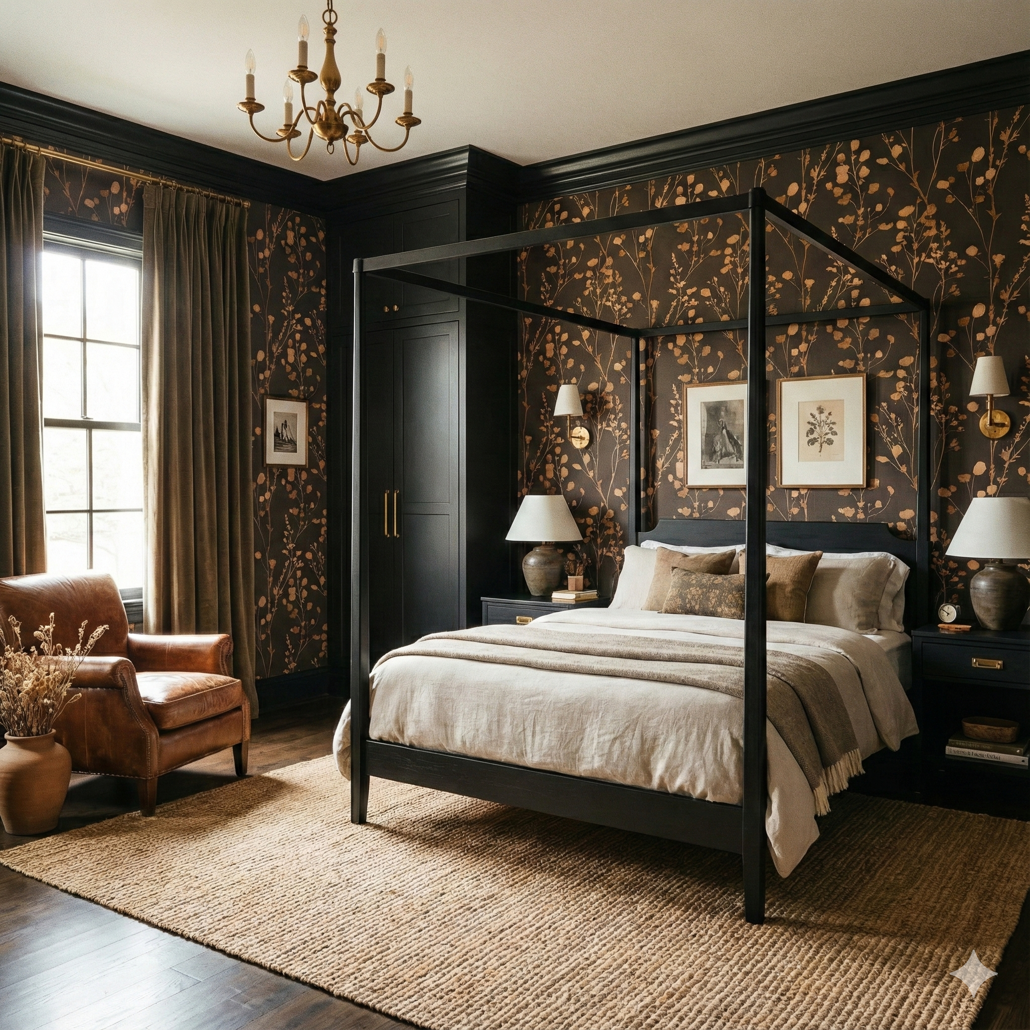 Floral wallpaper in gold against a dark brown background by Emberline, used in a bedroom setting.