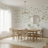 Marrowleaf Wallpaper in a green leaf pattern covering the top half of the dining room walls.