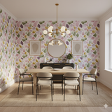 Garden Mosaic Wallpaper with pink and green pattern on white, covering walls in a dining room setting.