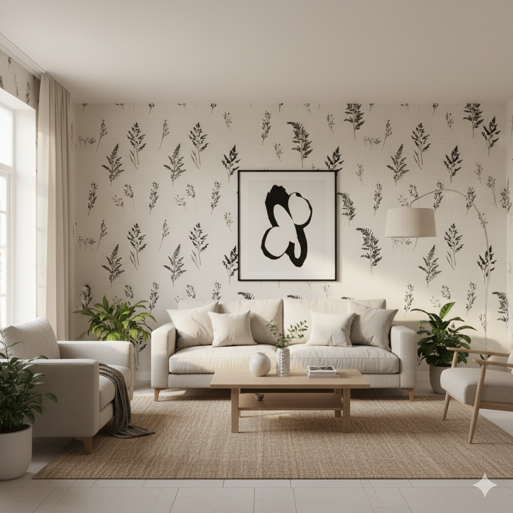 Botanical wallpaper with fern pattern from Walls Republic, decorating a living room interior with furniture and indoor plants.