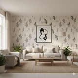 Botanical wallpaper with fern pattern from Walls Republic, decorating a living room interior with furniture and indoor plants.