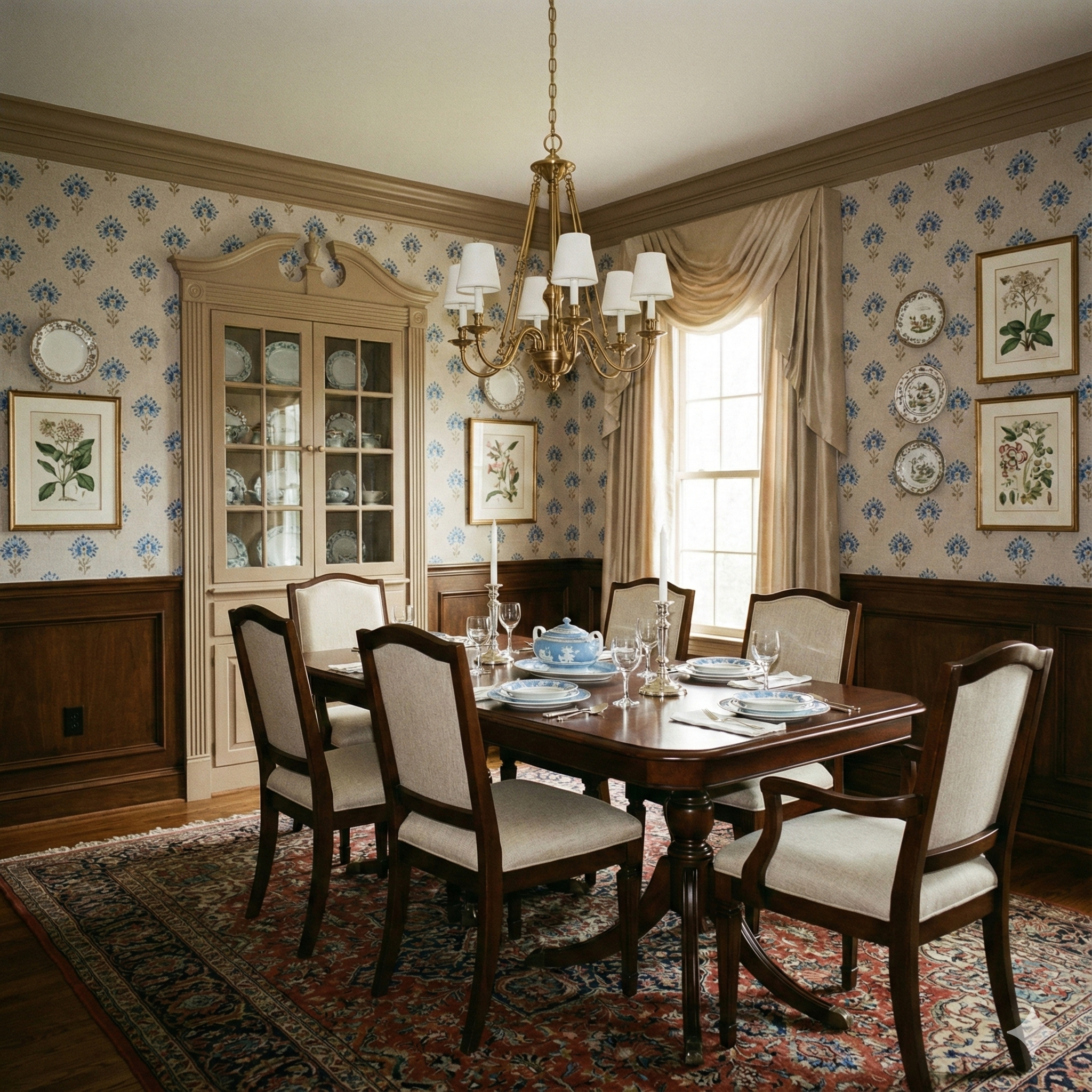 Floral pattern wallpaper with blue embroidery, featuring a beige and brown traditional design.