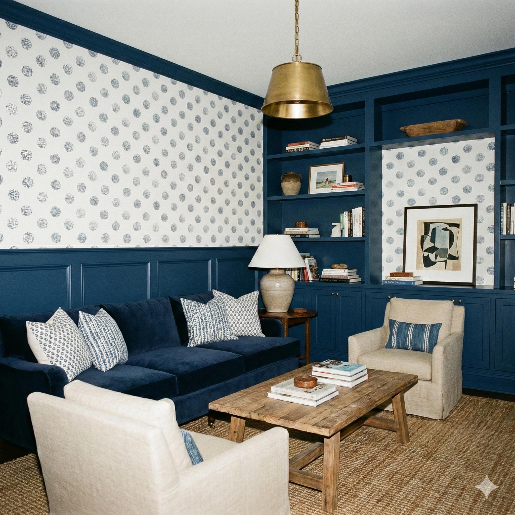 Fairway Index Wallpaper with blue dots by Schumacher, visible on the upper portion of the wall, above navy blue wainscoting.