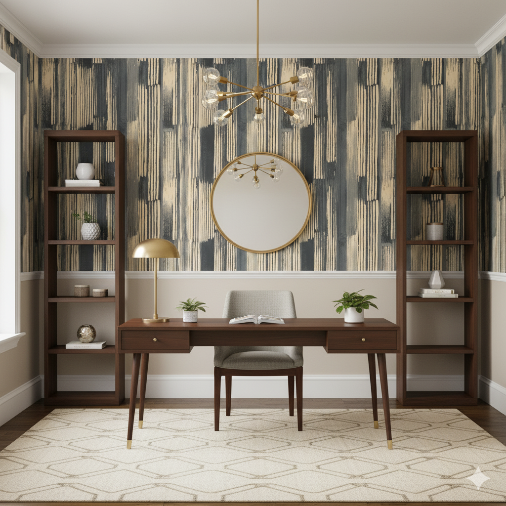Charstone wallpaper with vertical brushstroke pattern and gray, beige, and black tones.