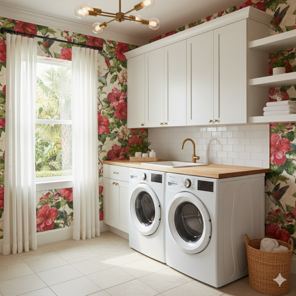 Floral wallpaper with red hibiscus flowers by Candice Olson, styled in a laundry room with white cabinets.
