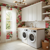 Floral wallpaper with red hibiscus flowers by Candice Olson, styled in a laundry room with white cabinets.

