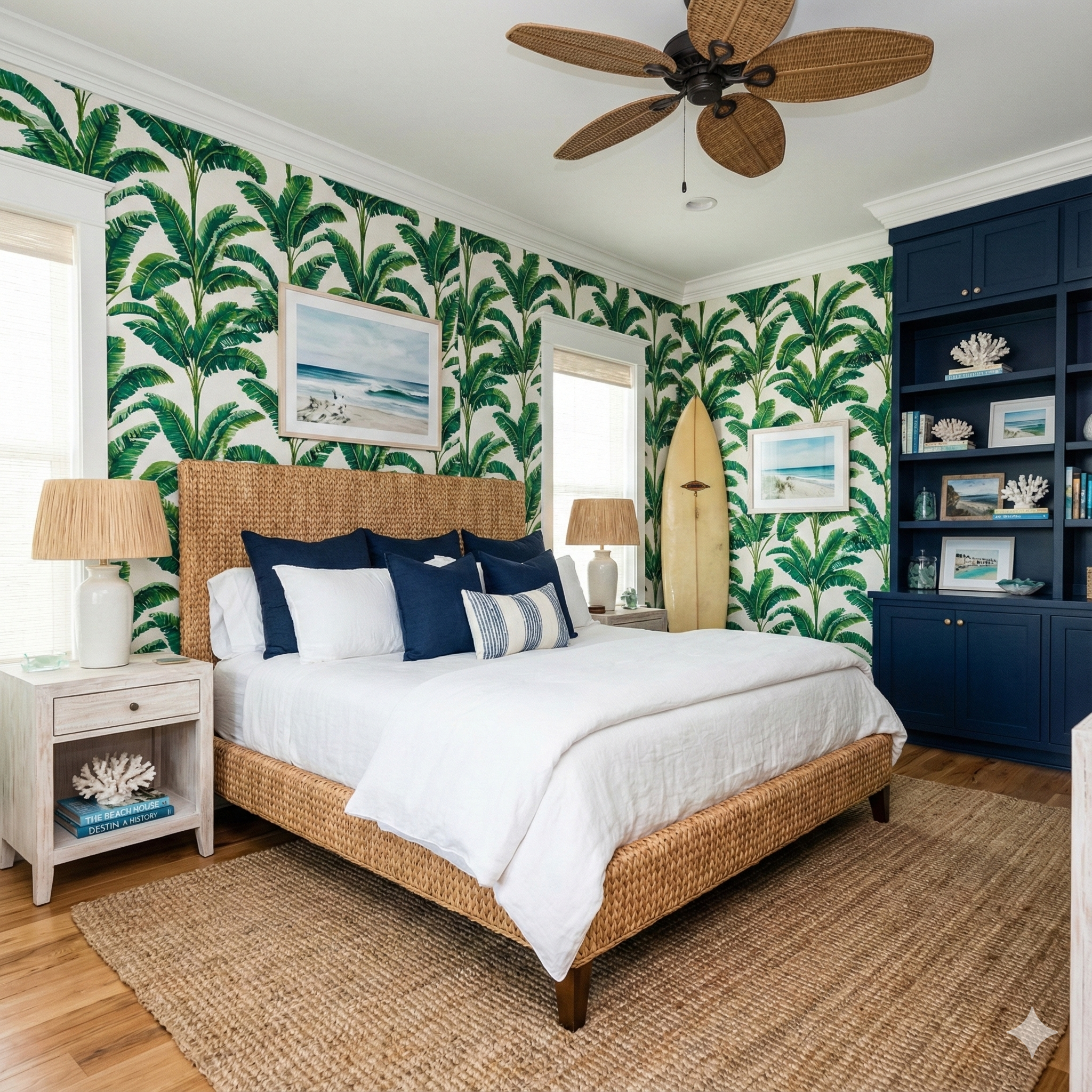 Palm tree wallpaper with green leaves on a white background featuring tropical decor.

