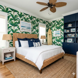 Palm tree wallpaper with green leaves on a white background featuring tropical decor.
