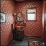 Clayborne Grid Wallpaper with orange background by Brewster Home Fashions featuring a silver diamond pattern.