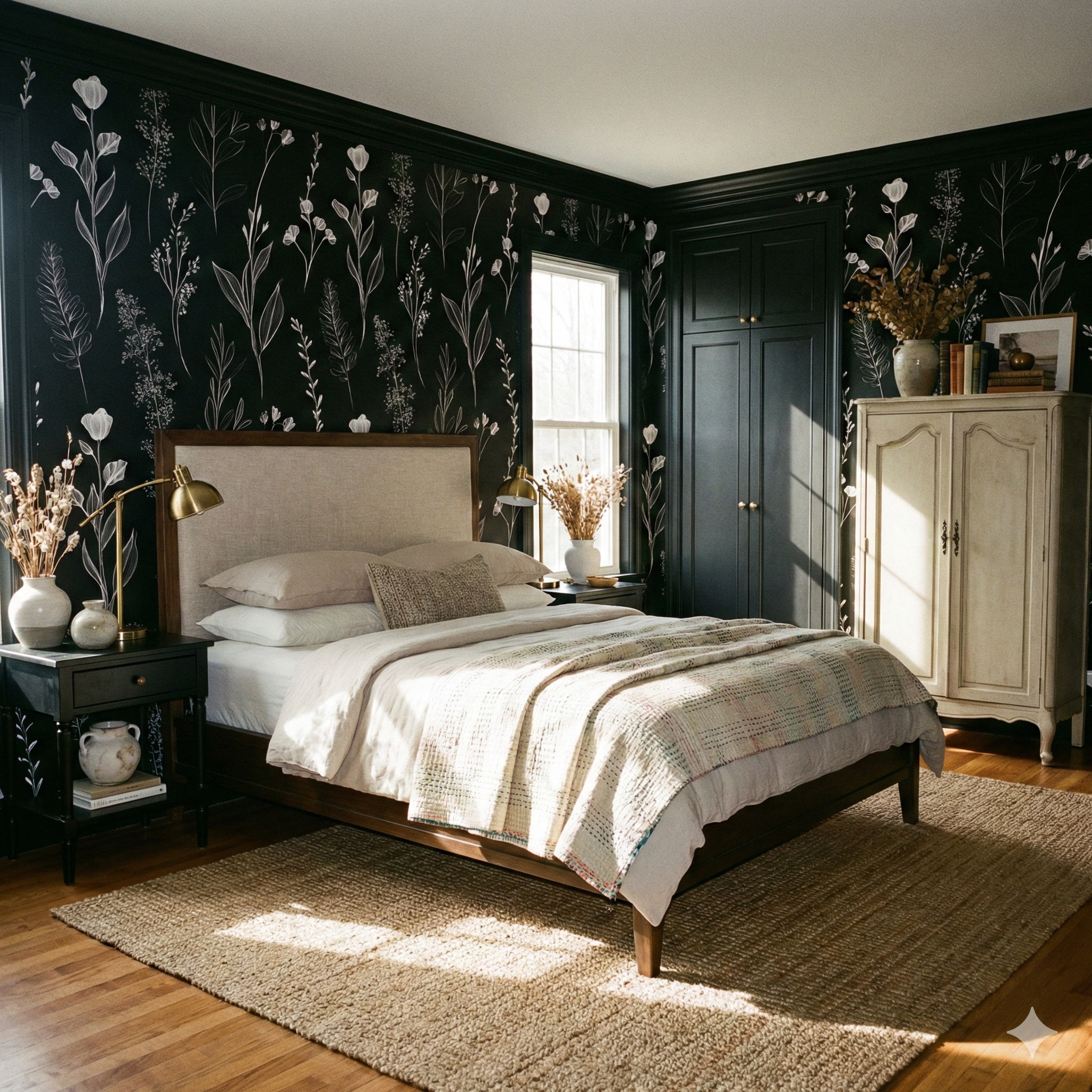 Botanical wallpaper with a black background by Ashley Woodson Bailey, featuring a white flower and leaf pattern.
