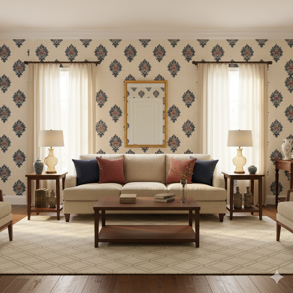 Indigo Crest Wallpaper with damask pattern on a neutral background.