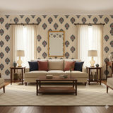 Indigo Crest Wallpaper with damask pattern on a neutral background.