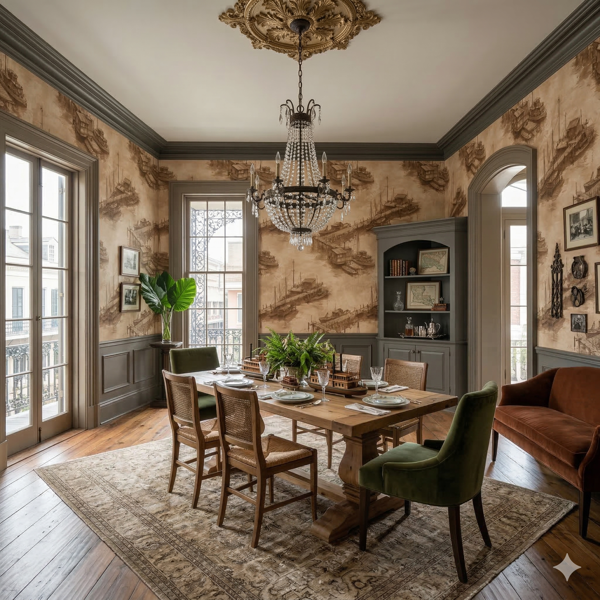 Harborline Sepia Wallpaper with ship motif against an aged, neutral backdrop, decorating a traditionally styled dining room.
