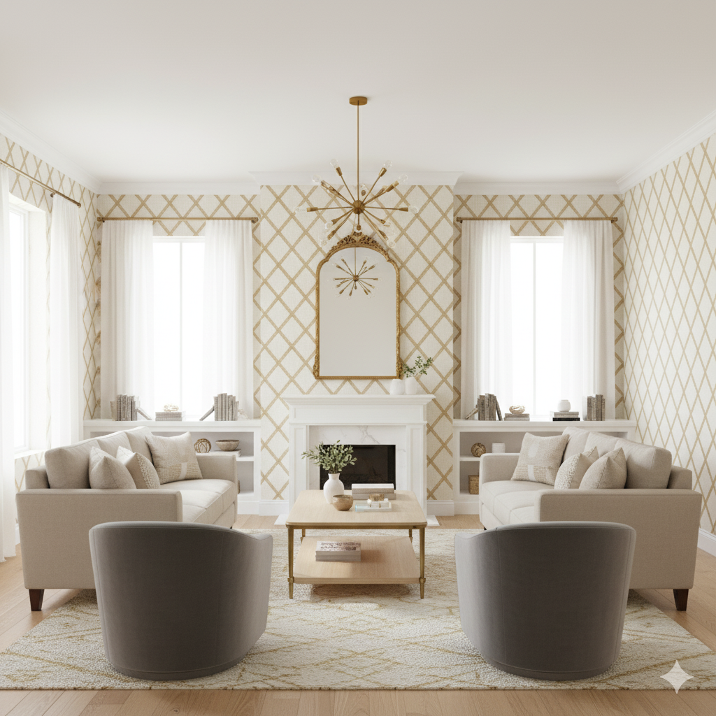 Gold geometric Aureate Lattice Wallpaper with a diamond trellis pattern in a styled living room setting.
