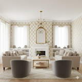 Gold geometric Aureate Lattice Wallpaper with a diamond trellis pattern in a styled living room setting.
