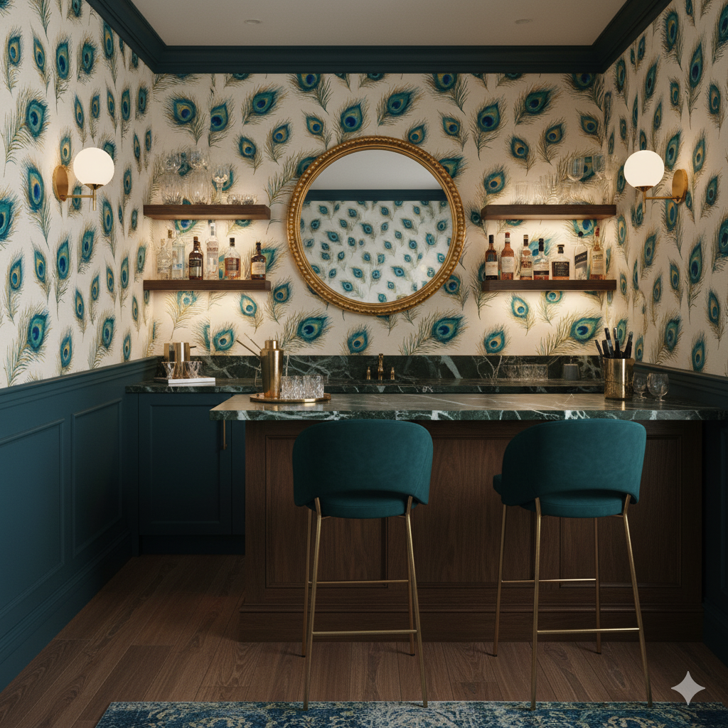 Peacock feather patterned wallpaper in blue and gold, covering the walls around a golden circular mirror.
