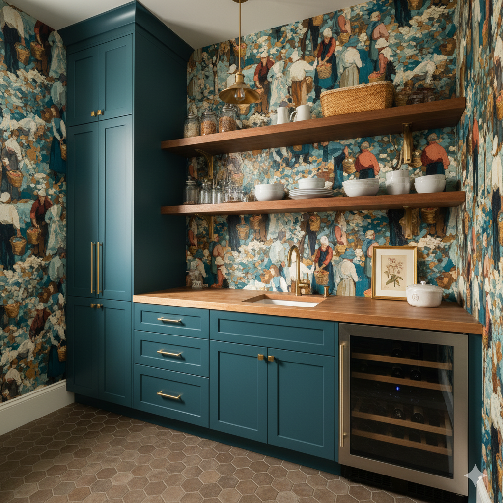 Autumn Bounty wallpaper with blue and brown tones, showing people picking fruit, with wooden shelves and cabinetry nearby.