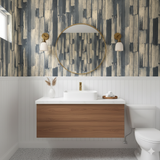 Charstone wallpaper with brushstroke design, featuring neutral and blue hues, with vertical patterns.
