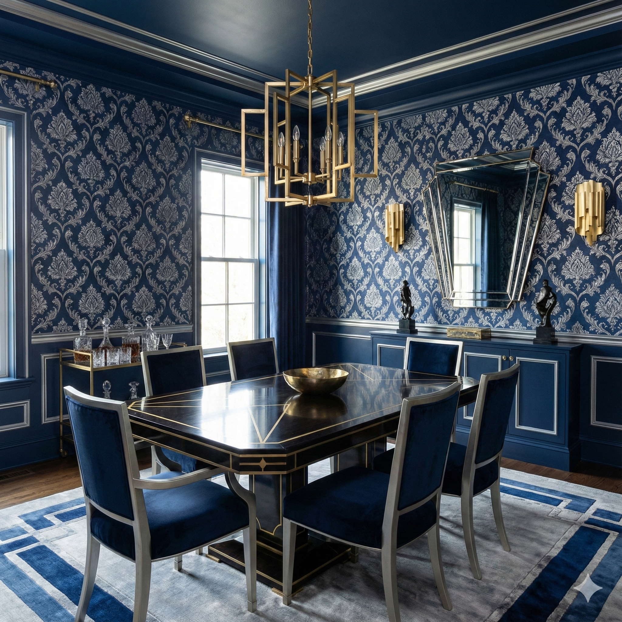 Baroque Midnight Wallpaper with silver floral damask pattern, covering an elegant dining room.
