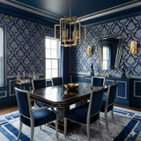 Baroque Midnight Wallpaper with silver floral damask pattern, covering an elegant dining room.

