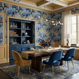 Celestine Gilded Iris Wallpaper with blue floral pattern on a gray background.
