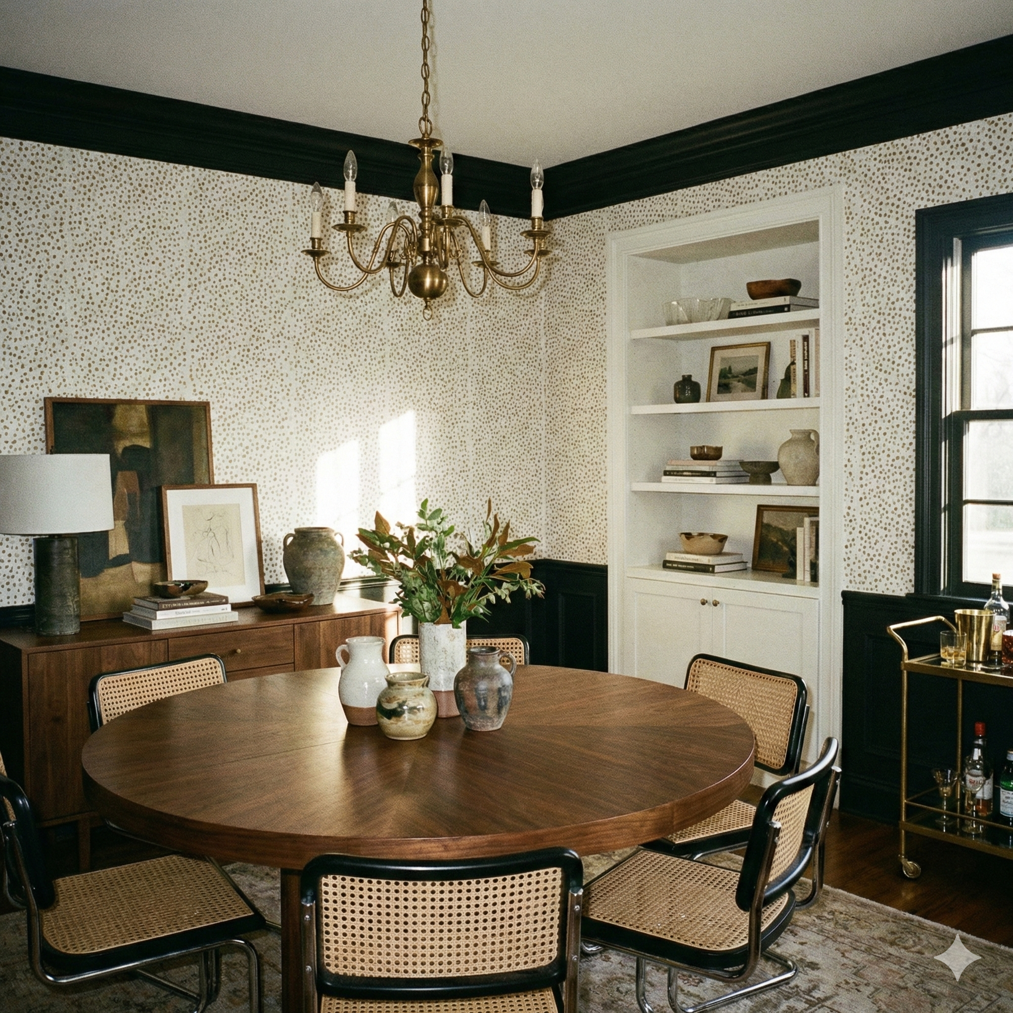 Champagne stipple wallpaper with a delicate polka dot pattern, decorating a dining room with a dark wooden table and chairs.