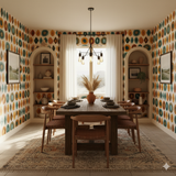 Mesa Shapes Wallpaper with colorful geometric patterns on a dining room wall.