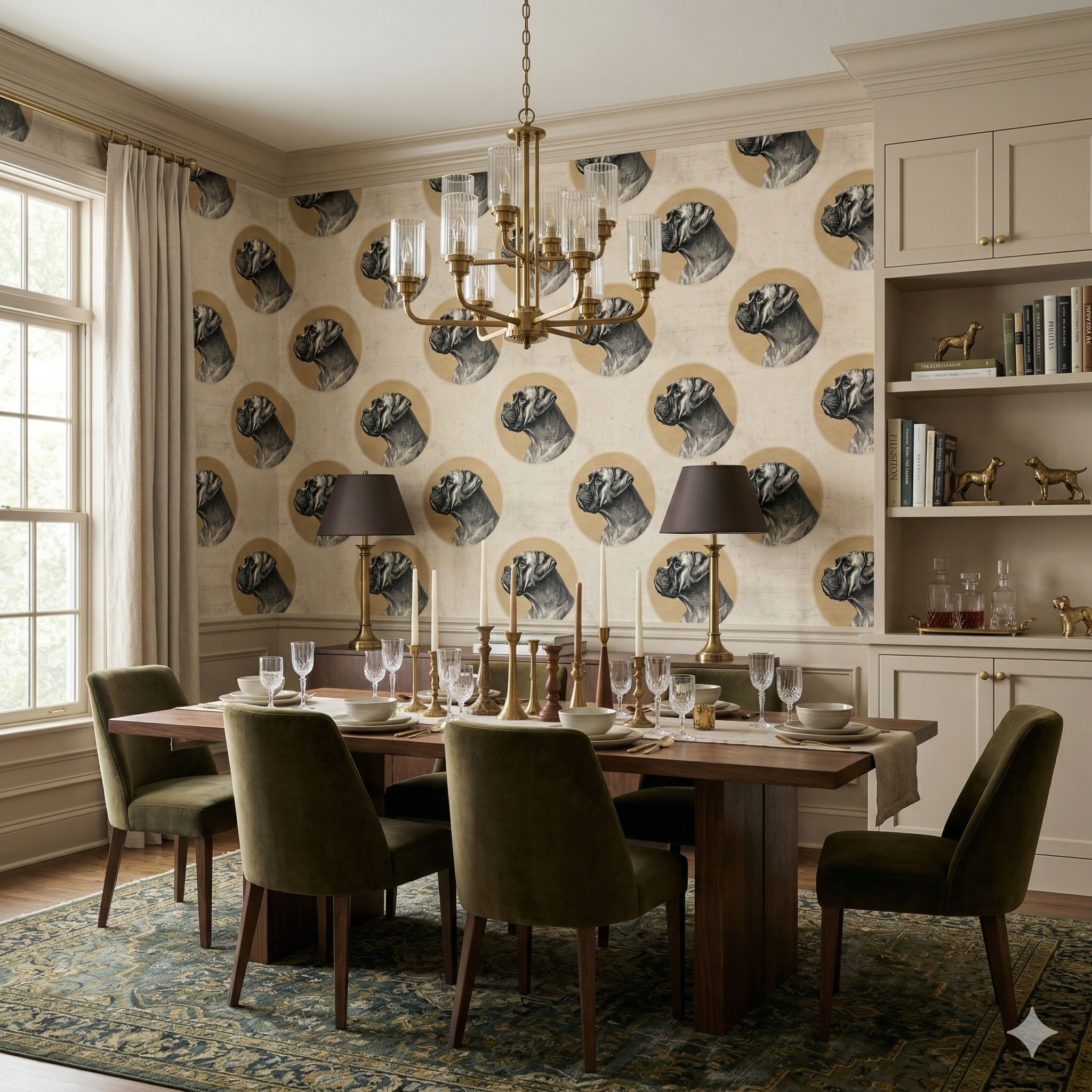 Patterned Garrick Medallion wallpaper with dog portraits, featuring a tan background with dark gray dog portrait medallions.