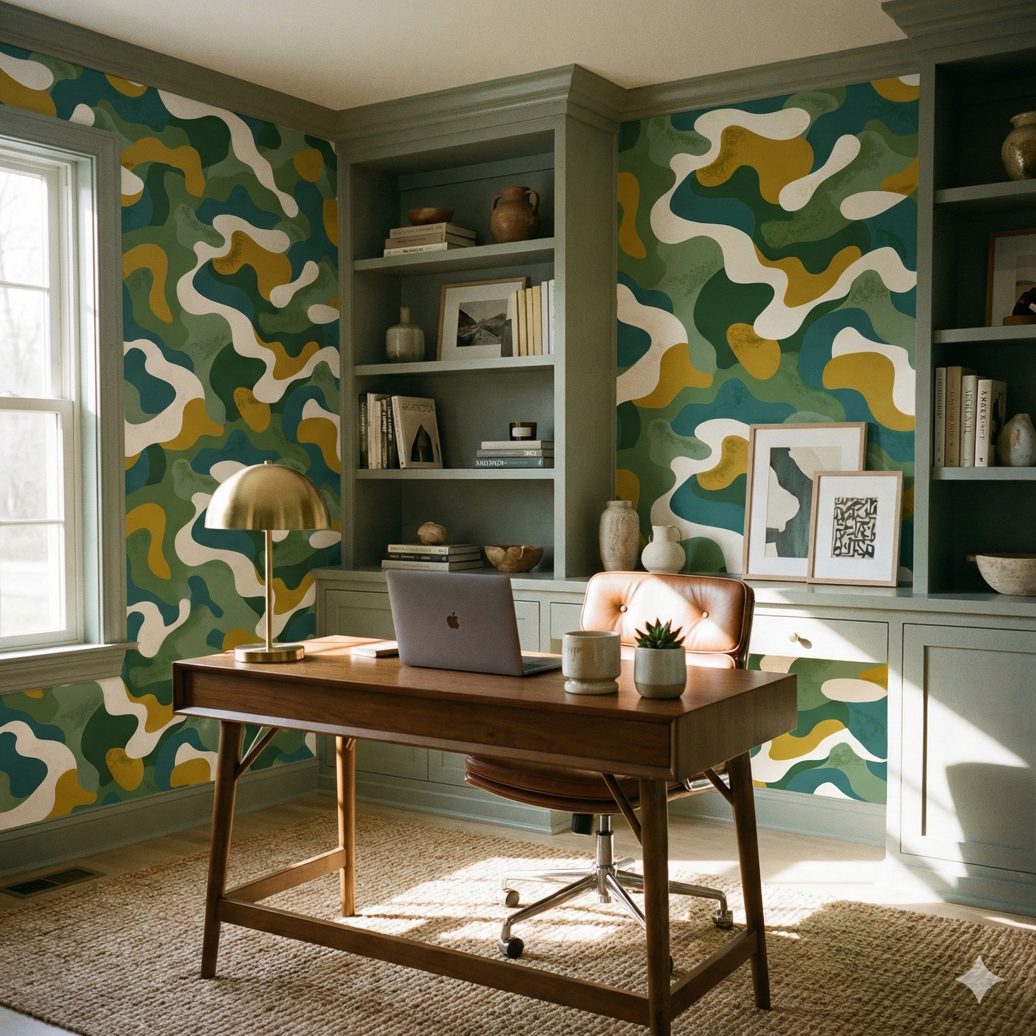 Abstract Marigold Drifter Wallpaper with green, blue and white pattern on a wall in a home office.